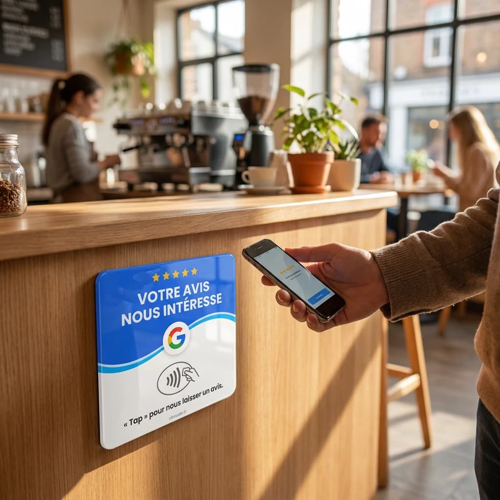 Plaque Plexi Avis Google — collée au comptoir